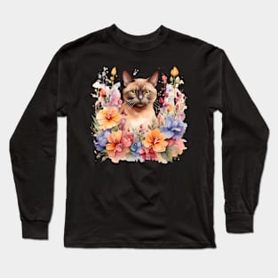 A burmese cat decorated with beautiful watercolor flowers Long Sleeve T-Shirt